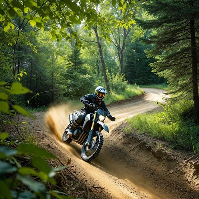 Man riding dirt bike on forest trail