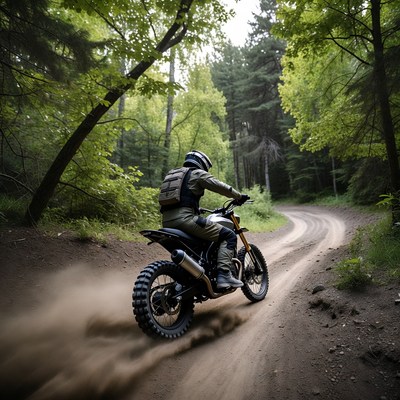 Man riding dirt bike on forest trail