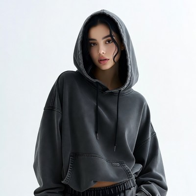 Asian woman in gray hoodie