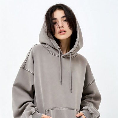 Woman in gray oversized hoodie