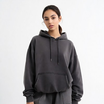 Woman wearing gray oversized hoodie