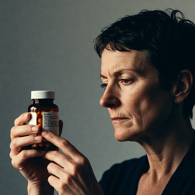 Elderly woman examining pill bottle