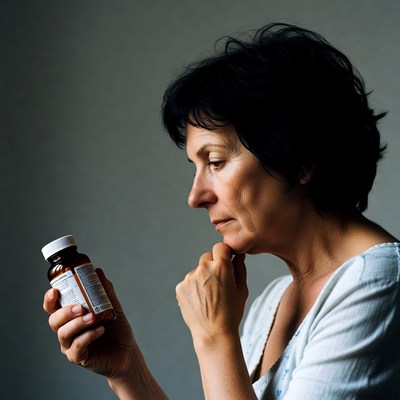 Woman examining pill bottle