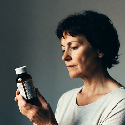Woman examining medicine bottle
