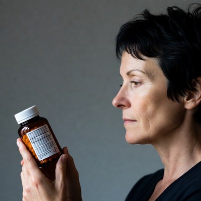 Woman examining prescription bottle