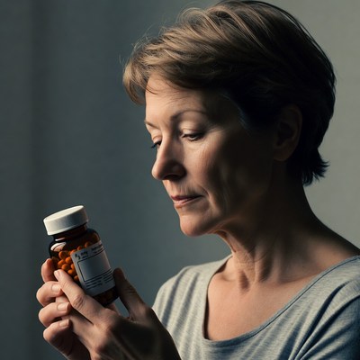 Woman examining pill bottle