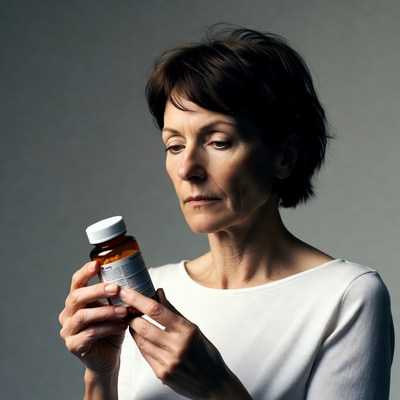 Mature woman examining pill bottle