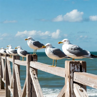 Seagulls perched on wooden pier railing