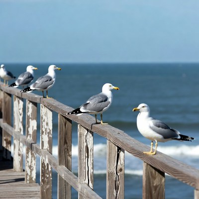 Seagulls on wooden pier by ocean