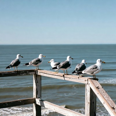 Seagulls perched on beach railing