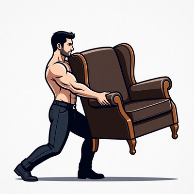 Muscular man lifting armchair