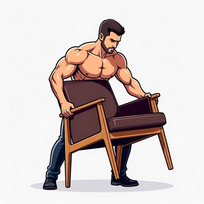 Muscular man lifting wooden chair
