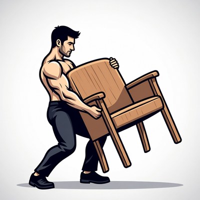 Muscular man carrying wooden chair