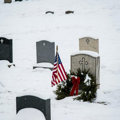 Gravesite with American Flag and Wreath