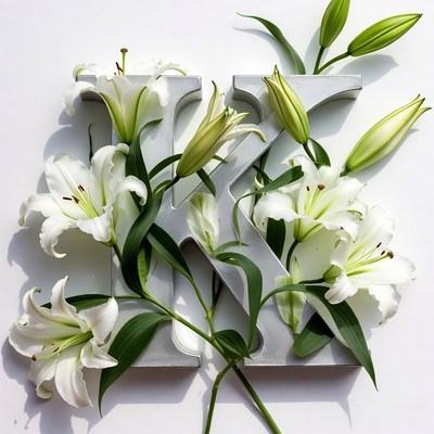 Lilies Arranged Around Silver K Letter