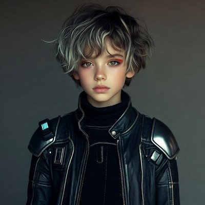 Androgynous teen in cyberpunk leather jacket