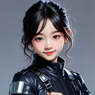 Asian woman in black leather jacket