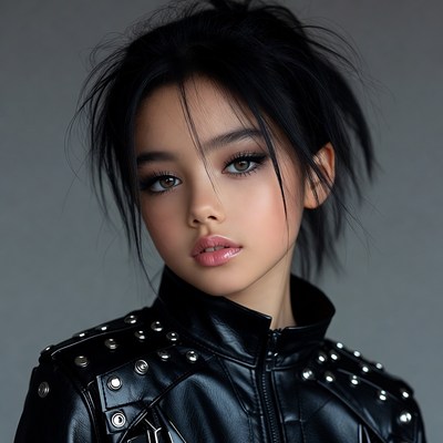 Asian girl in studded leather jacket