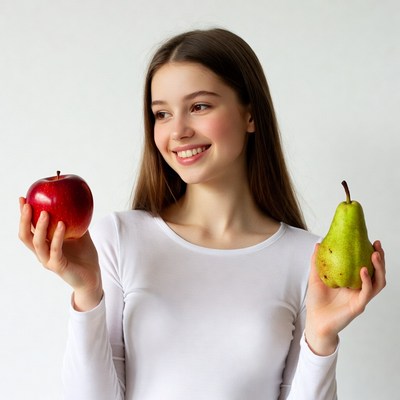 Girl holding red apple and green pear