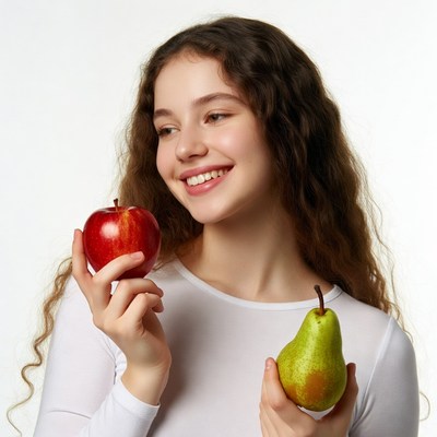 Girl holding apple and pear