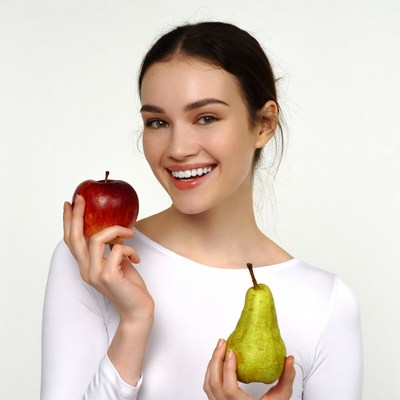 Woman holding red apple and green pear