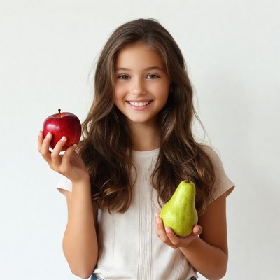 Girl holding apple and pear