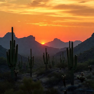 Saguaro Cacti Sunset in Desert Mountains