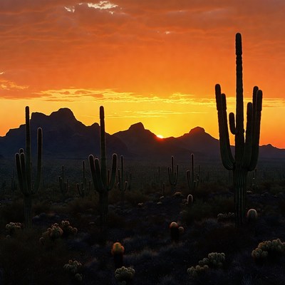 Cactus Sunset Over Desert Mountains