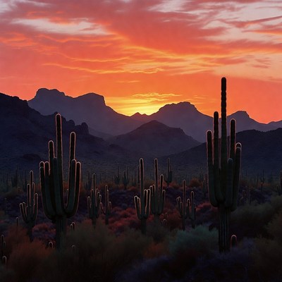 Saguaro Cacti at Sunset Mountains