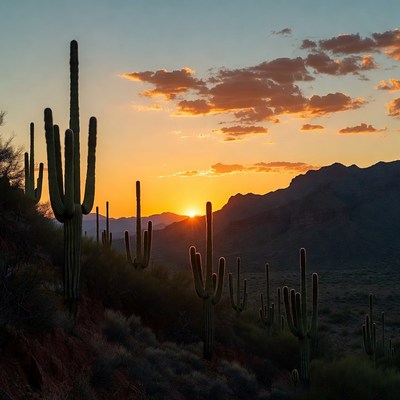 Saguaro Cacti at Sunset