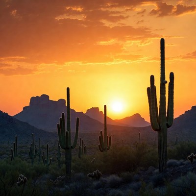 Saguaro Cacti at Sunset
