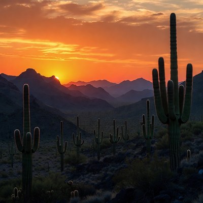 Saguaro Cacti at Sunset with Mountains