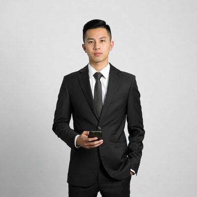 Asian man in suit holding phone