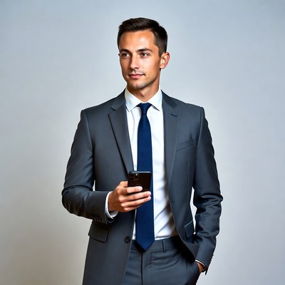 Man in suit using smartphone