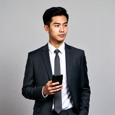 Asian man in suit using smartphone