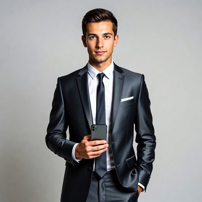 Handsome man in suit holding smartphone