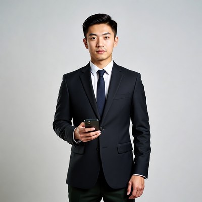 Asian man in suit holding phone
