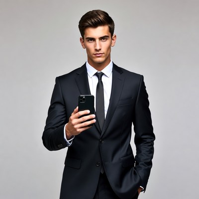 Handsome man holding smartphone in suit
