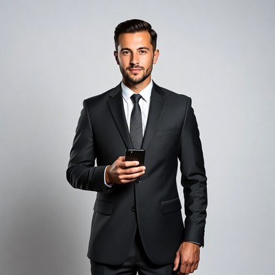 Man in suit using smartphone
