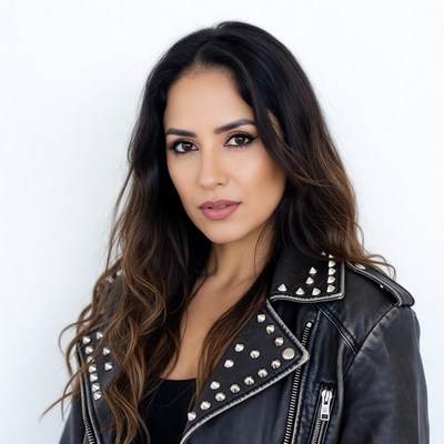 Woman in studded leather jacket