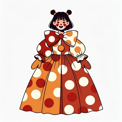 Asian girl clown in polka dot dress