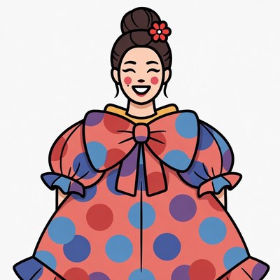 Asian woman in colorful polka dot dress