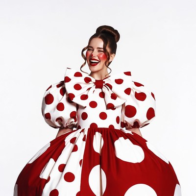 Woman in red polka dot dress laughing