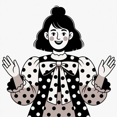 Woman in polka dot dress with arms raised
