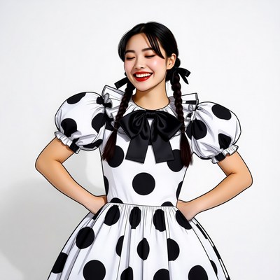 Asian woman in polka dot dress
