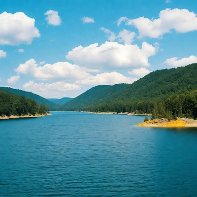 Serene Lake Between Forested Mountains