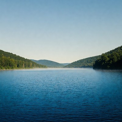 Calm lake with misty water and forested hills