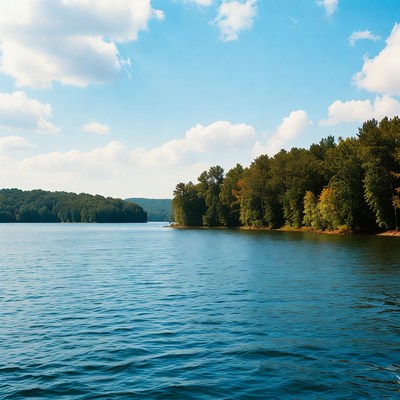 Serene lake with autumn forest shore