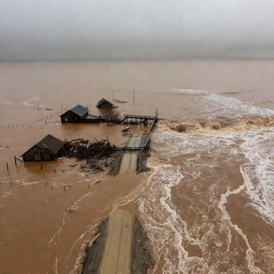 Flooded Wooden Houses and Bridge
