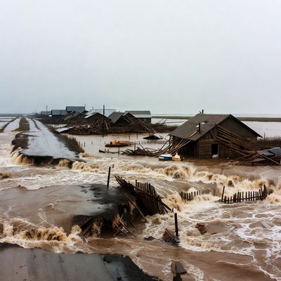 Flooded Village with Wooden Houses